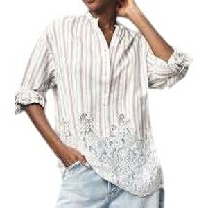 Pilcro Lacey Tunic Striped Button Popover‎ Blouse Medium Lace Boho Cottagecore